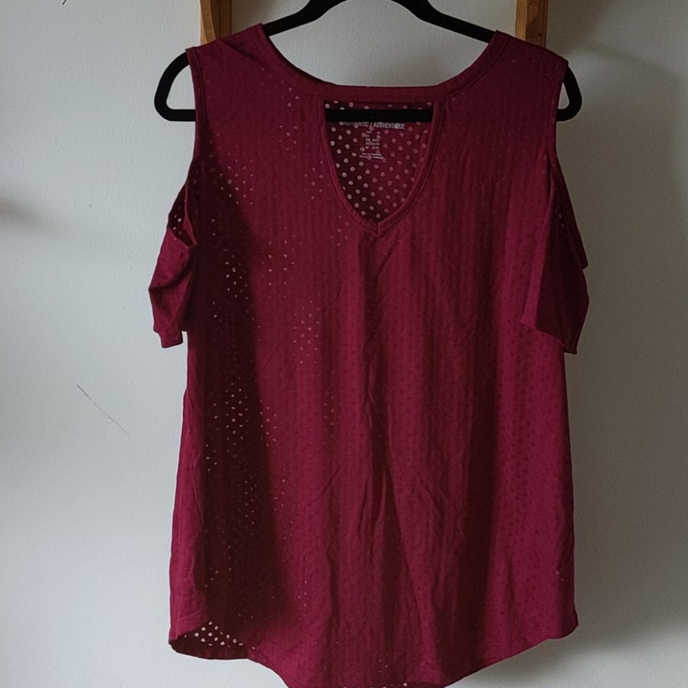 Cold shoulder top with sheer polka dots